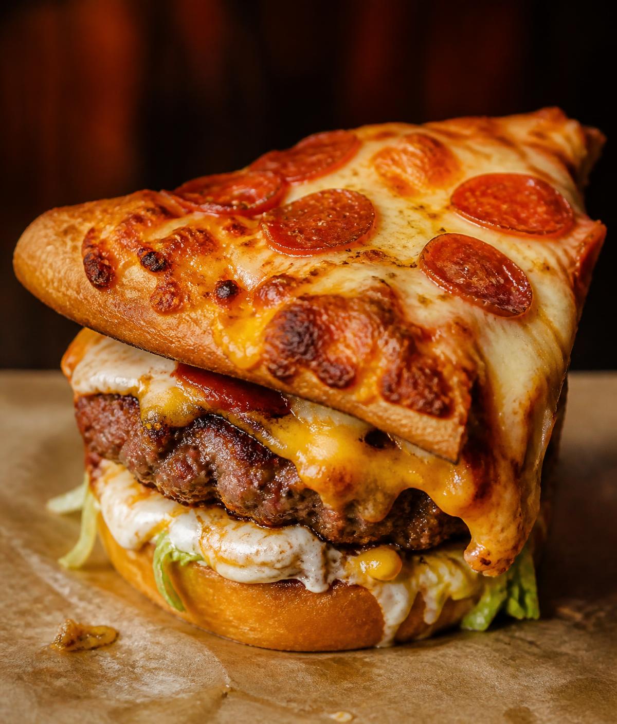 Pizzaburguer de La Caserita con porción de pizza arriba
